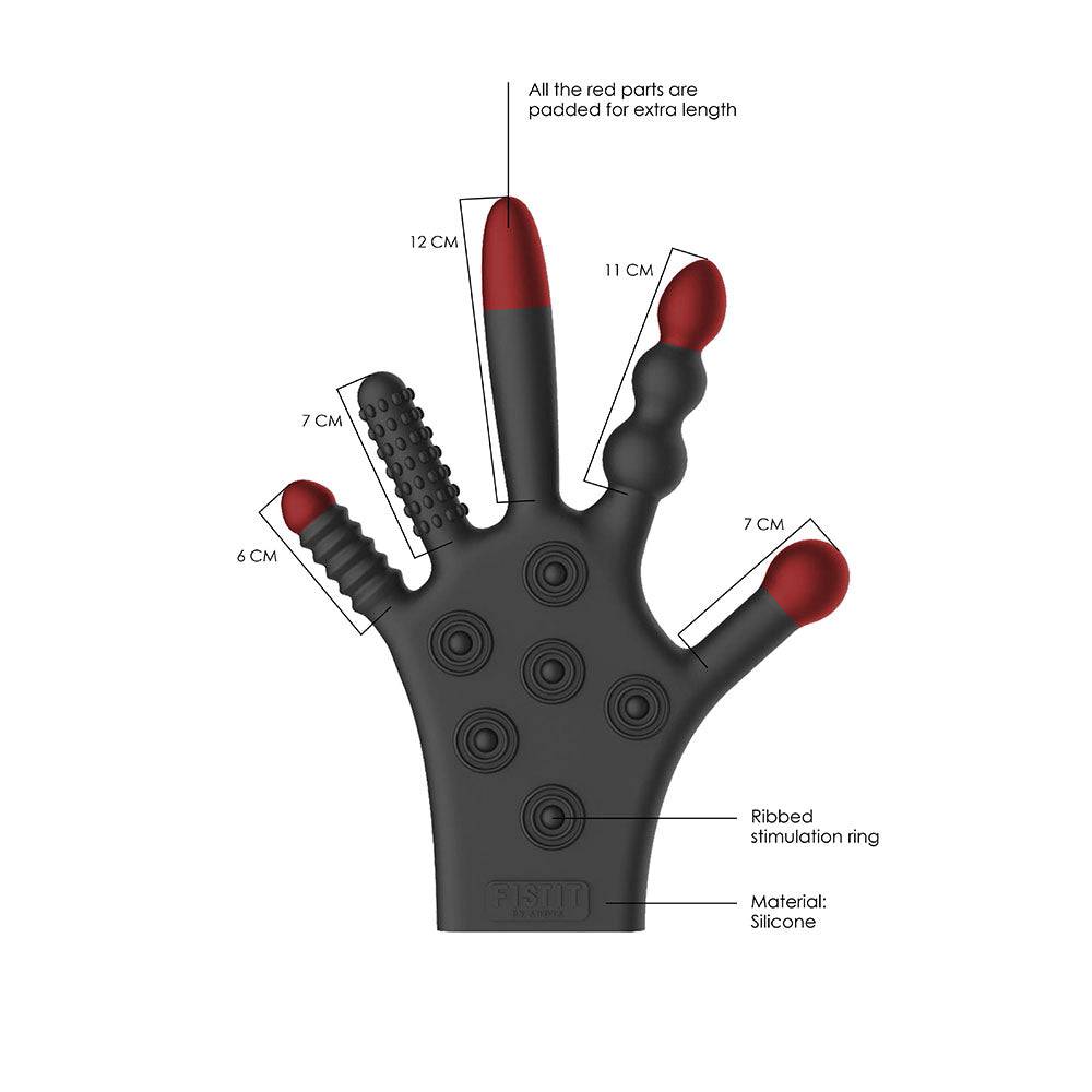 Black silicone stimulation glove by Shots Toys, featuring textured surface for enhanced tactile experience.
