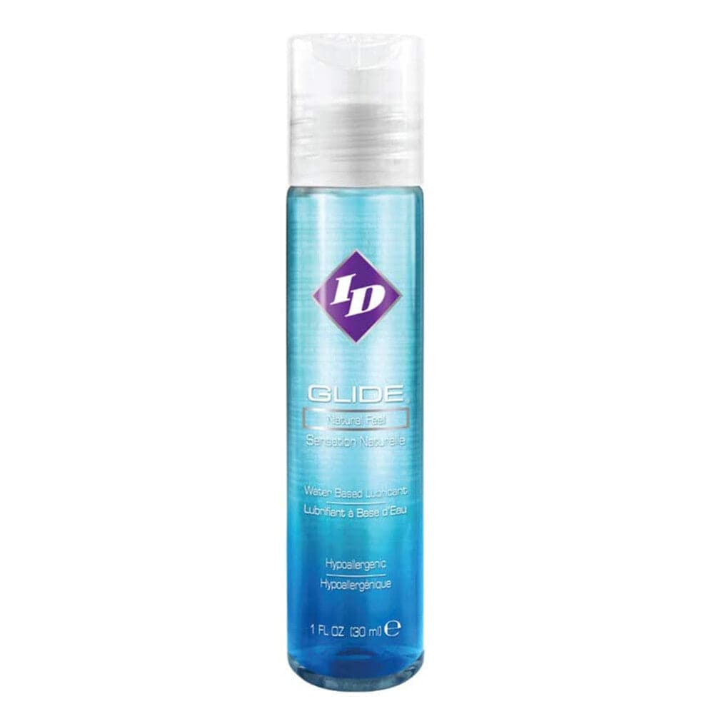 ID Lube Glide 1 oz lubricant bottle with a sleek design and easy-to-use flip cap, suitable for intimate use.