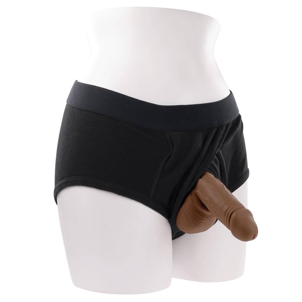 IKnockIt Gender X Stå och kissa silicone device in dark flesh tone, designed for standing urination.