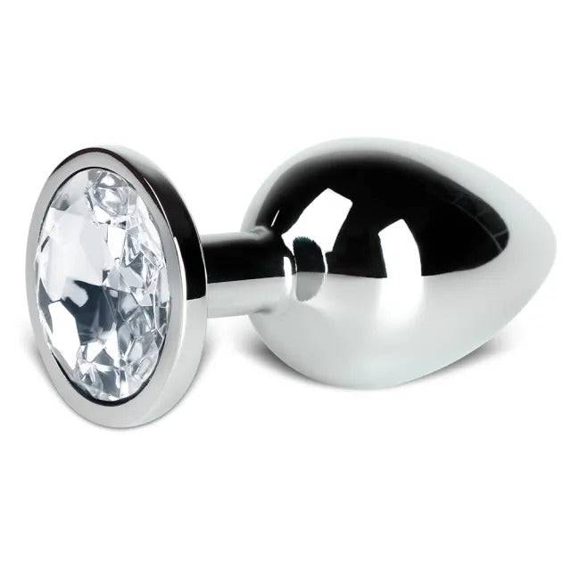 Metal anal plug with clear crystal from Various Toy Brands, showcasing a sleek design and reflective surface.