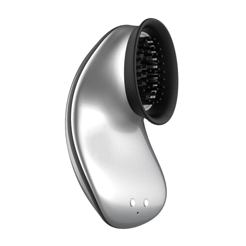 Shots Toys Twitch Silver hands-free vibrating toy with sleek design and ergonomic shape displayed on a neutral background.