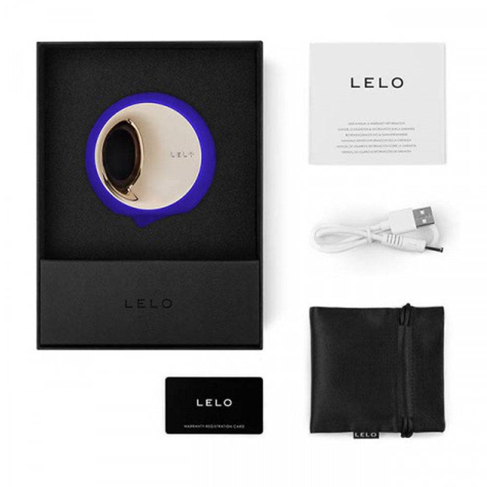 Lelo Ora 3 Deep Midnight Blue oral sex stimulator with a curved design and textured surface for enhanced pleasure.