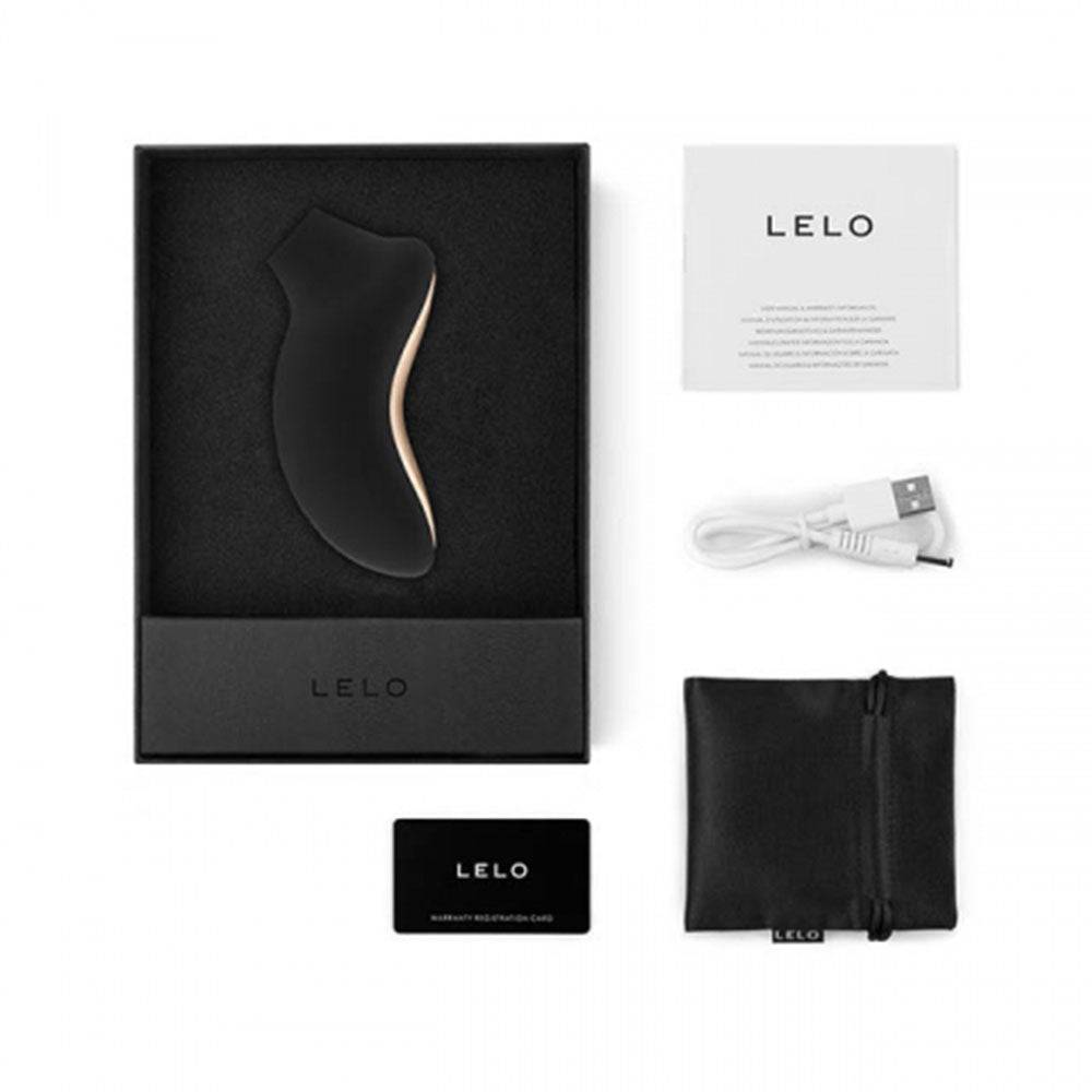 Lelo Sona 2 black clitoral vibrator with a sleek design and soft silicone texture, showcasing its curved shape.