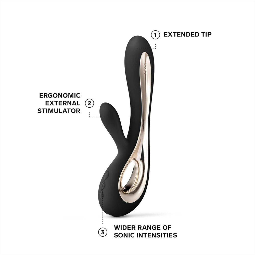 Lelo Soraya 2 dual rabbit vibrator in sleek black with ergonomic design and dual stimulation features.