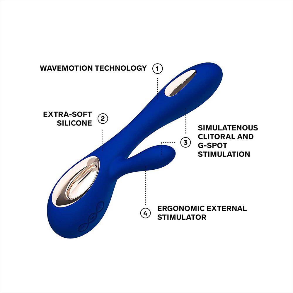 Lelo Soraya Wave dual action vibrator in midnight blue with ergonomic design and elegant curves.