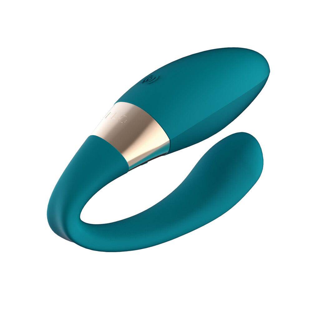 Lelo Tiani Duo massage device for couples in ocean blue, featuring a sleek design and ergonomic shape.