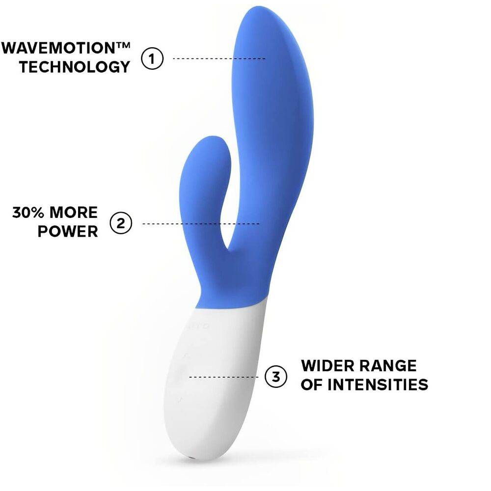 Lelo Ina Wave 2 luxury rechargeable vibrator in blue with a sleek design and ergonomic shape for enhanced pleasure.