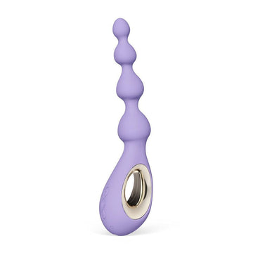 Lelo Soraya violet anal beads massager with ergonomic design and smooth texture on a soft background.