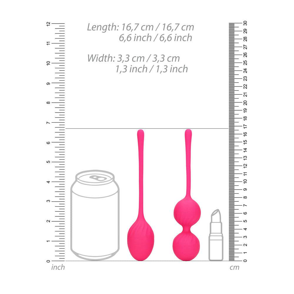 Shots Toys Thumping Kegel Ball Set featuring two pink balls for pelvic floor strengthening and exercise.