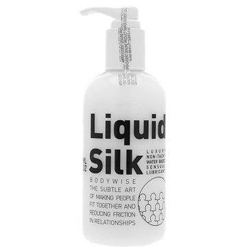 Liquid Silk 250ML water-based lubricant bottle with a sleek design and clear label on a neutral background.