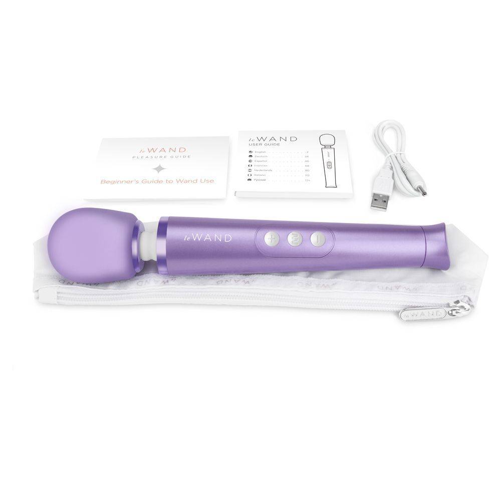 Le Wand Petite violet rechargeable vibrating massager with ergonomic design and sleek appearance.