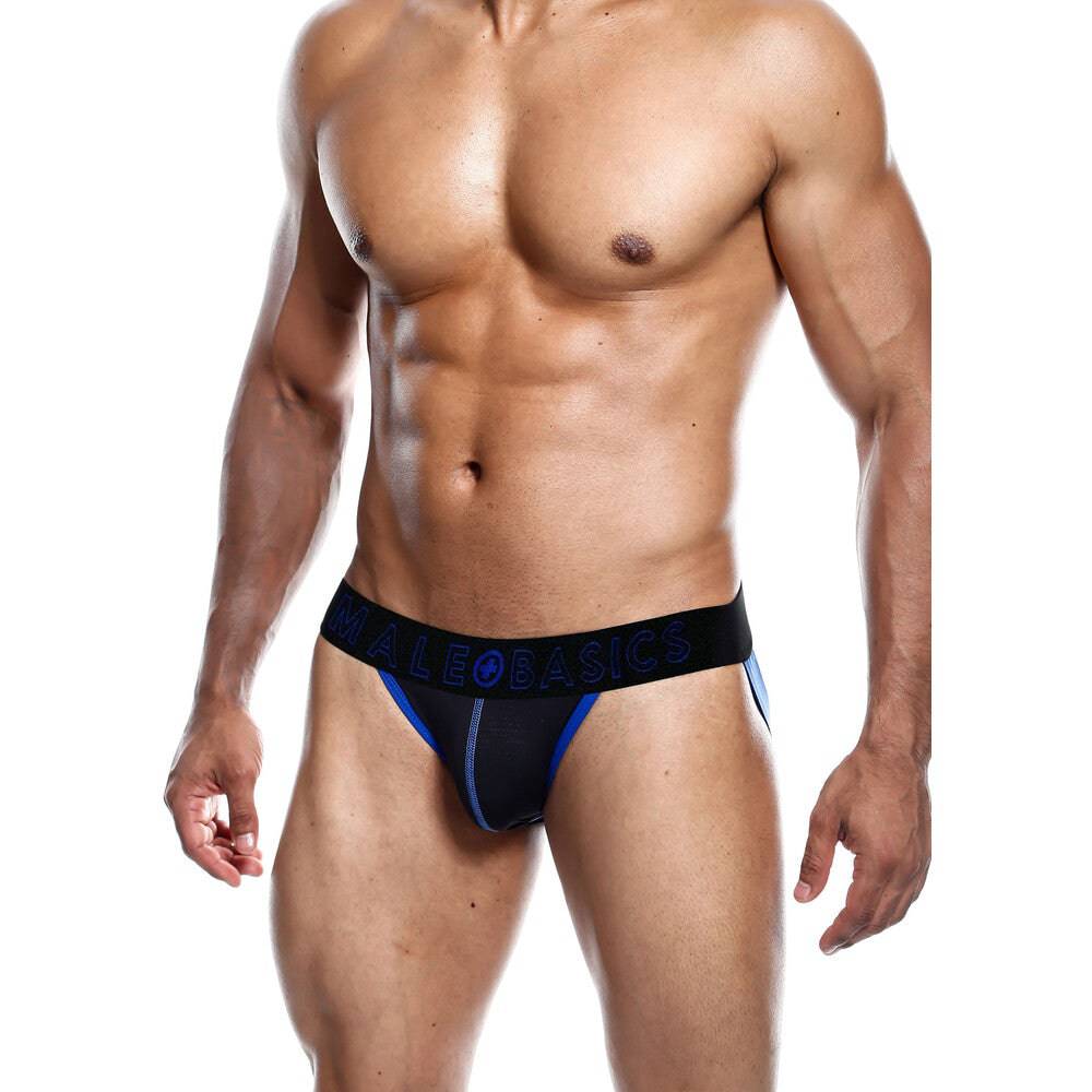 Male Basics neon blue jockstrap featuring a comfortable fit and stylish design for men.