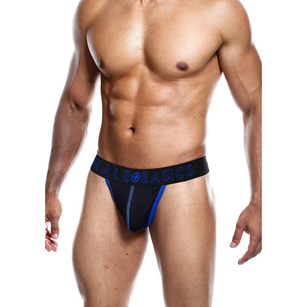 Blue Male Basics neon string thong showcasing a sleek design and vibrant color.