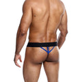 Male Basics neon blue string briefs displayed against a neutral background, showcasing the vibrant color and design.