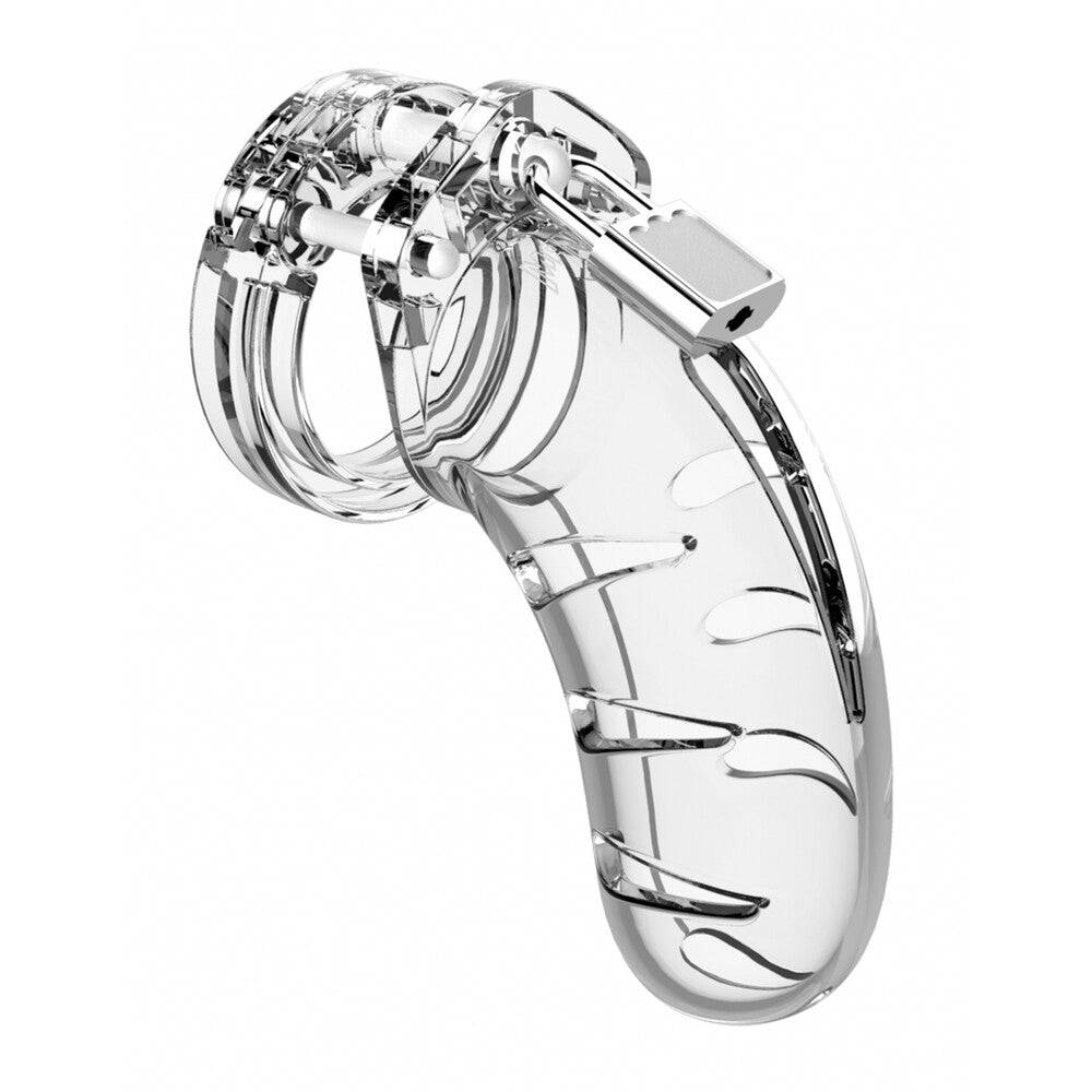 Shots Toys Man Cage 03, a 4.5-inch clear chastity cage for men, showcasing its sleek and modern design.