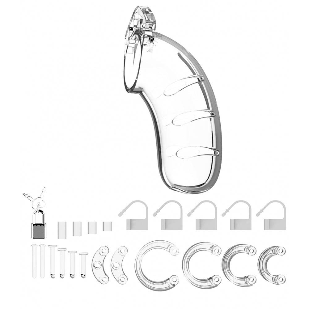 Shots Toys Man Cage 03 clear 4.5-inch chastity cage for men, featuring a sleek design and secure locking mechanism.