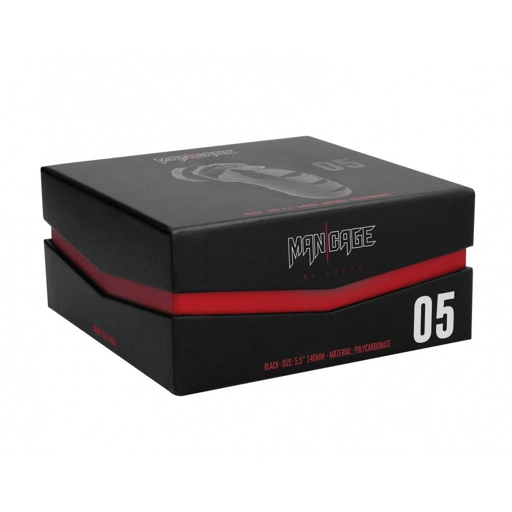 Black Shots Toys Man Cage 05 male chastity device, featuring a 5.5-inch design for secure fit and comfort.