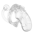 Shots Toys Man Cage 10 clear chastity cage with 3.5-inch anal plug, showcasing a sleek design and durable materials.