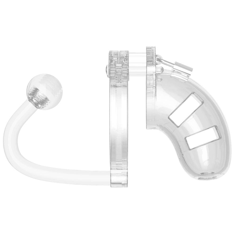 Shots Toys Man Cage 10 clear chastity cage with 3.5-inch anal plug, showcasing a sleek design and durable materials.