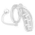 Shots Toys Man Cage 11 clear chastity cage with 4.5-inch design and anal plug attachment for enhanced restraint.