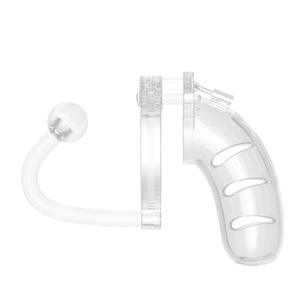 Shots Toys Man Cage 11 clear chastity cage with 4.5-inch design and anal plug attachment for enhanced restraint.