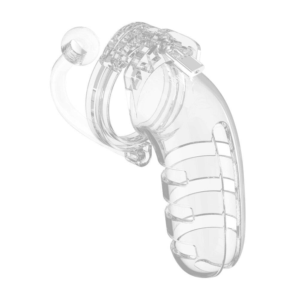 Shots Toys Man Cage 12 male chastity device with anal plug, transparent design showcasing intricate details.