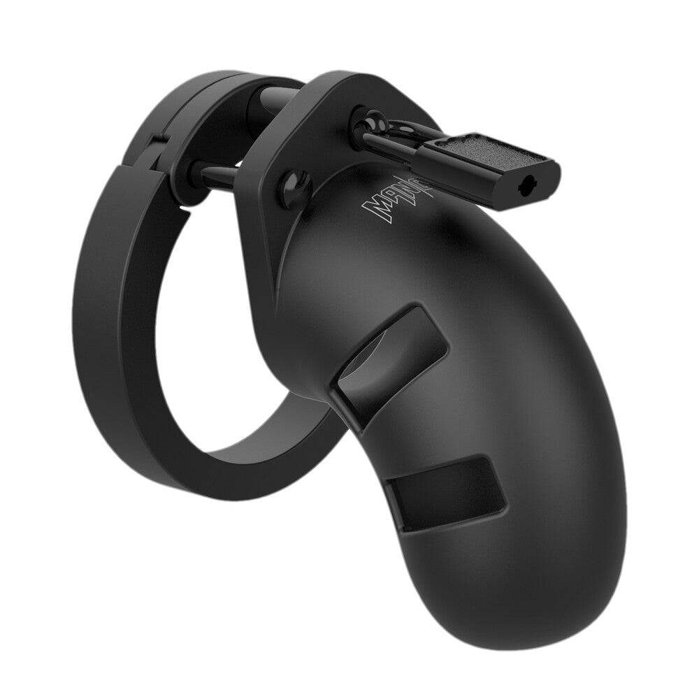 Black silicone chastity cage for men, Man Cage 20 by Shots Toys, featuring a sleek design and secure fit.