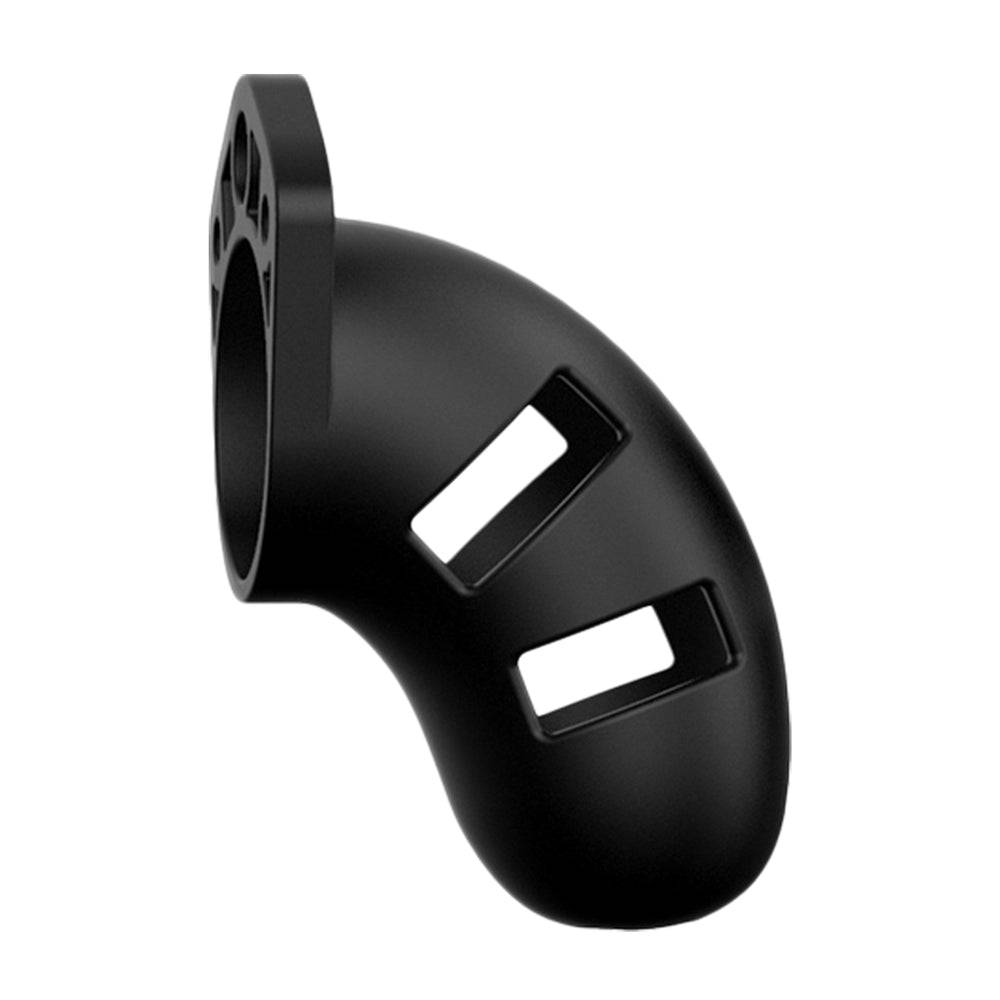 Black silicone chastity cage for men, Shots Toys, featuring a sleek design and secure fit.