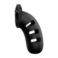 Black silicone Man Cage 21 chastity cage by Shots Toys, showcasing a sleek and modern design with a secure fit.