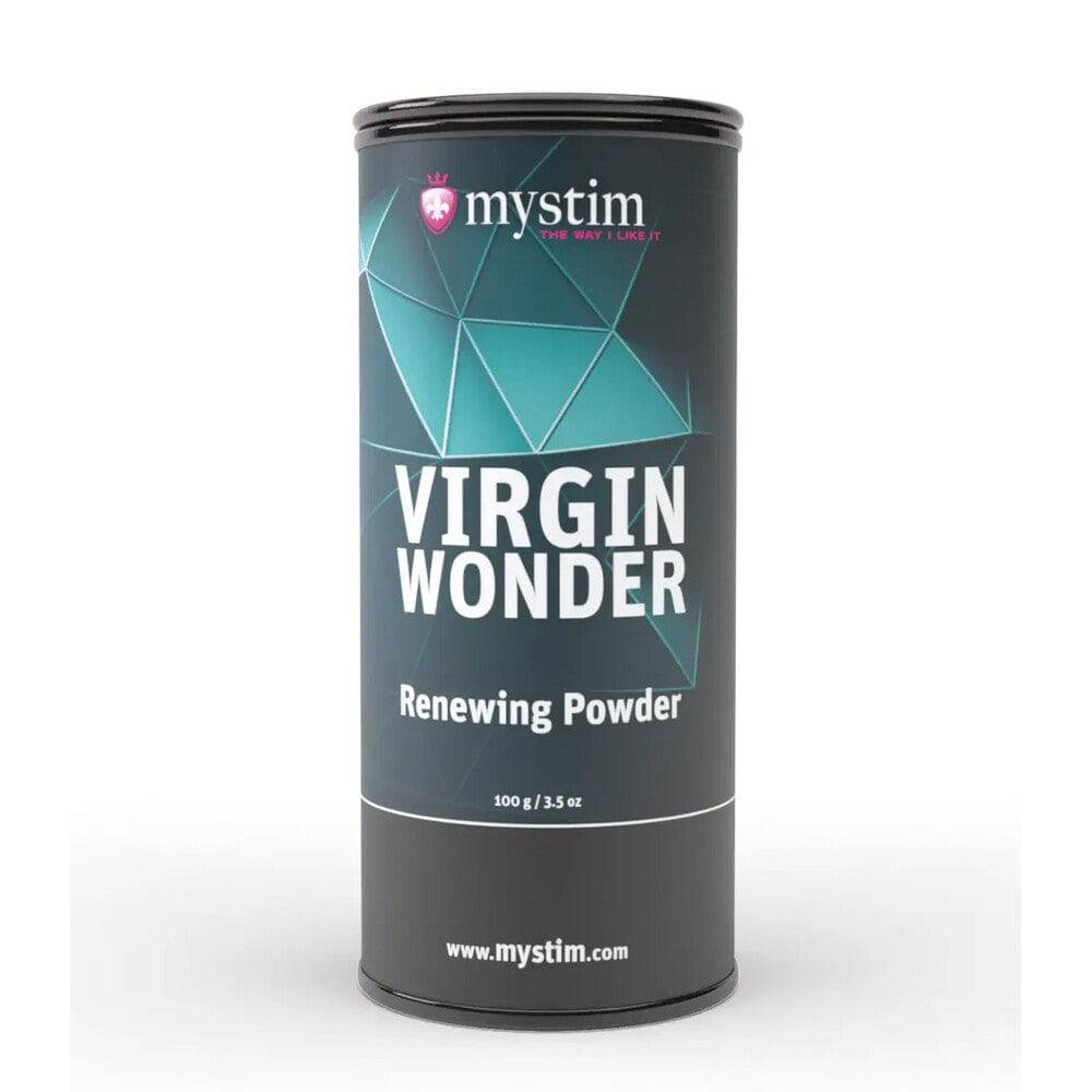 MyStim Virgin Wonder Renewing Powder 100 g in a sleek container with a white powder texture visible inside.