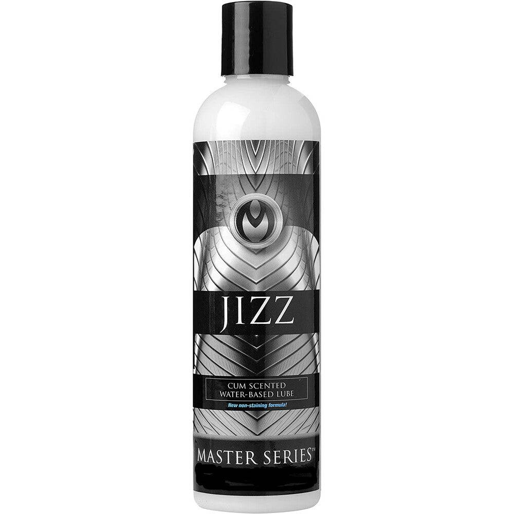XR Brands Master Series Jizz scented lubricant bottle with sleek design, featuring a secure cap and clear liquid.