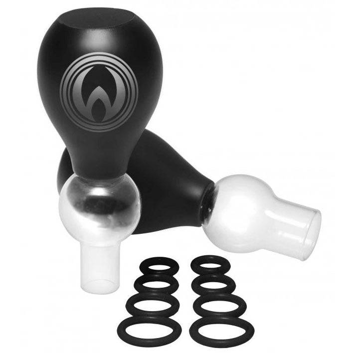 XR Brands Master Series nipple enhancers with O-rings in a sleek design, showcasing their unique shape and features.