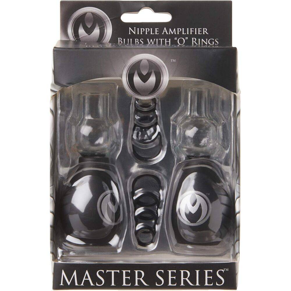XR Brands Master Series nipple enhancers with O-rings in black, showcasing a close-up of the unique design.