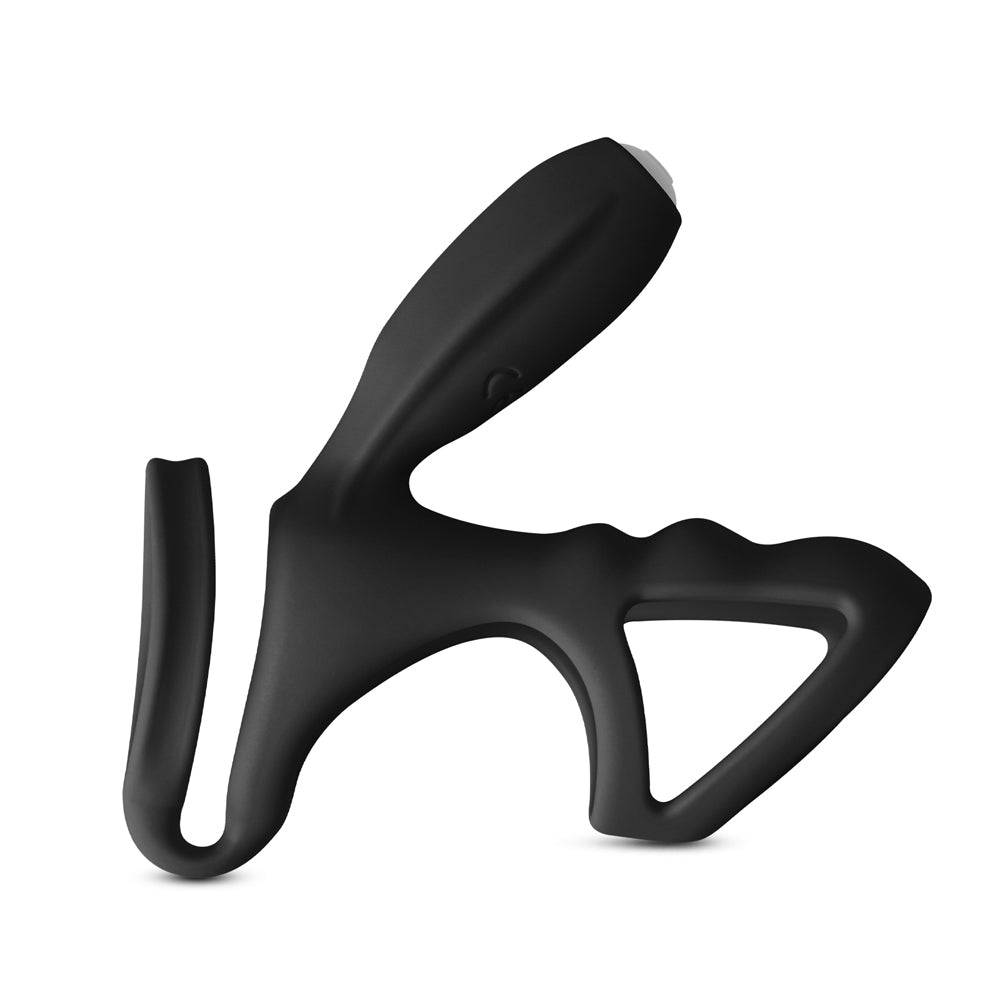 Black cockring with clitoral vibrator, featuring a sleek design and soft texture for enhanced pleasure.
