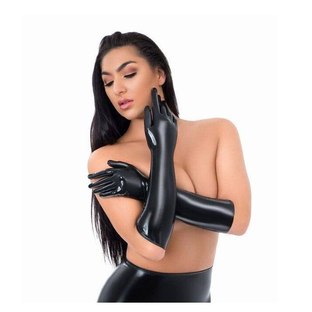Full-length latex gloves by Me You Us, showcasing a smooth finish and vibrant color against a neutral background.