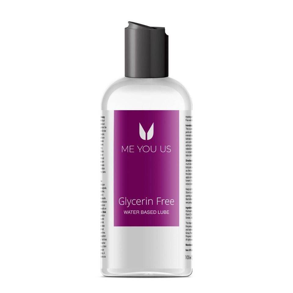 Me You Us glycerin-free water-based lubricant in a 100ml bottle on a neutral background.