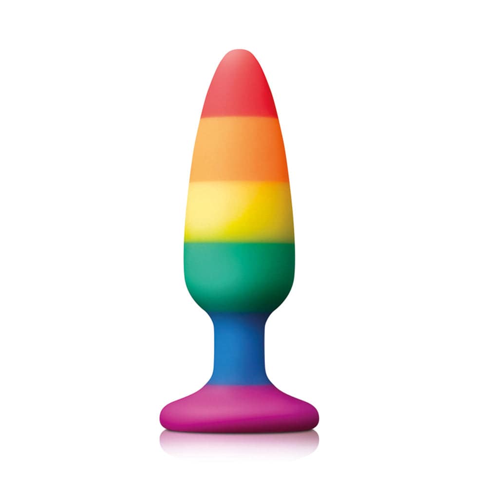 Medium rainbow Pride Pleasure Plug by NS Novelties, featuring a smooth silicone finish and vibrant color design.