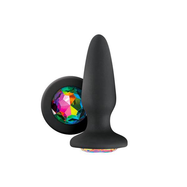 NS Novelties Glams silicone rainbow gem butt plug in black with a colorful gem at the base, showcasing its elegant design.