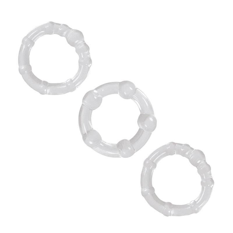Clear NS Novelties Renegade Intensity Rings cock rings displayed on a neutral background, highlighting their sleek design.