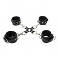 Shots Toys leather hand and leg cuffs, featuring a sleek black design with sturdy buckles for secure restraint.