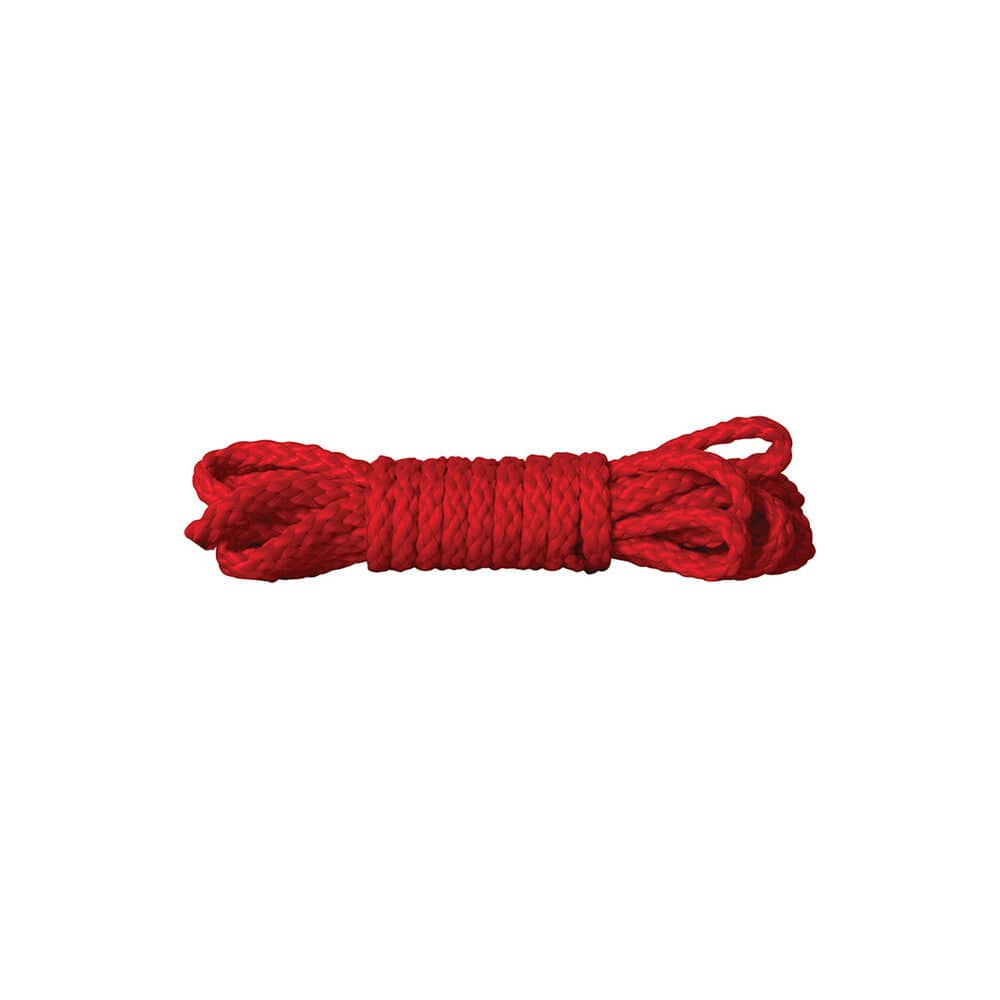 Red 1.5 meter Kinbaku mini rope by Shots Toys, coiled and ready for use in shibari or decorative tying.