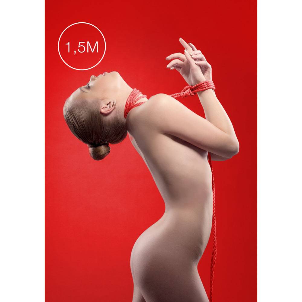 Red 1.5 meter Kinbaku mini rope by Shots Toys, coiled and displayed on a neutral background.