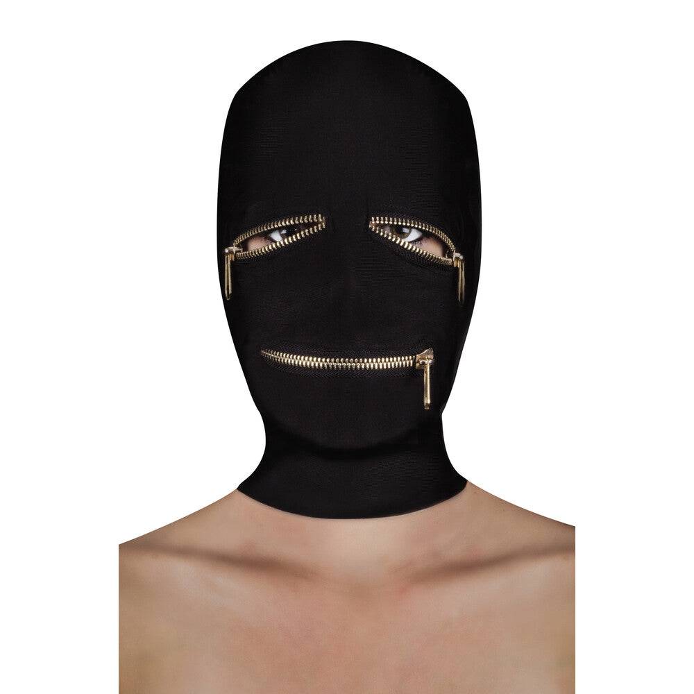 Ouch Extreme black zip mask by Shots Toys featuring zippers over eyes and mouth for sensory play.