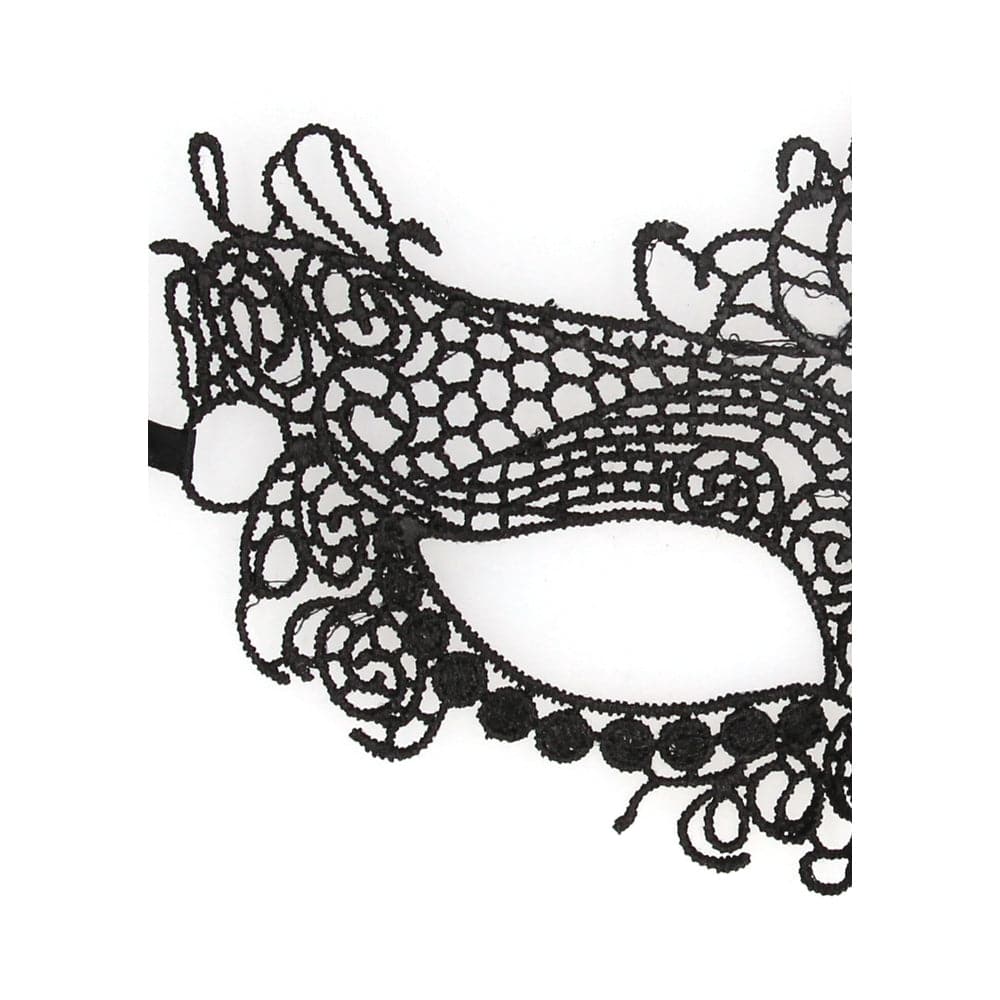 Black lace Ouch Queen Mask by Shots Toys, featuring intricate patterns and elegant design for a chic look.