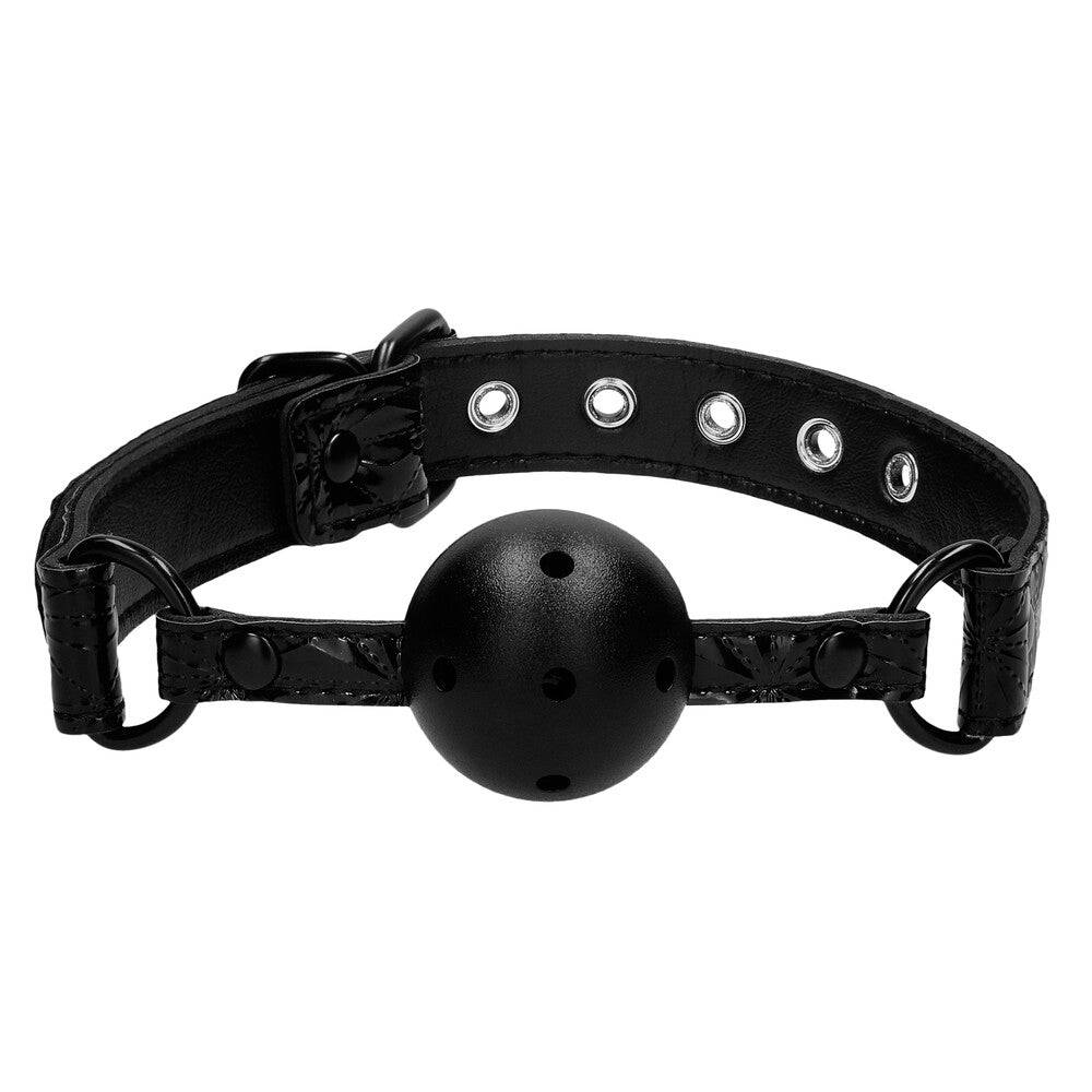 Shots Toys breathable luxury black ball gag with adjustable straps, designed for comfortable wear and playful exploration.