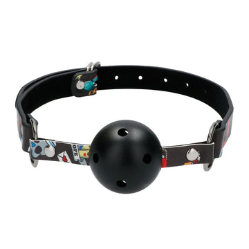 Shots Toys Ouch breathable ball gag with printed leather straps in black, showcasing its unique design and texture.
