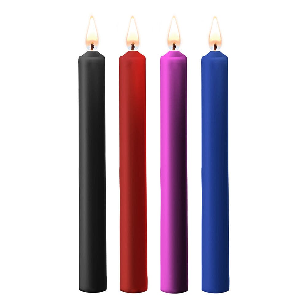 Shots Toys Teasing Wax Candles 4 pack, featuring colorful, large wax candles in various shapes for playful ambiance.