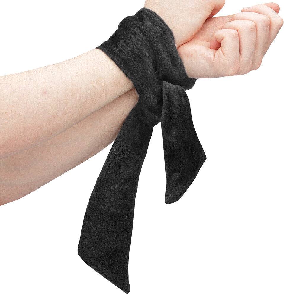 Black velvet tie-up from Shots Toys, featuring soft fabric and adjustable design for versatile styling options.