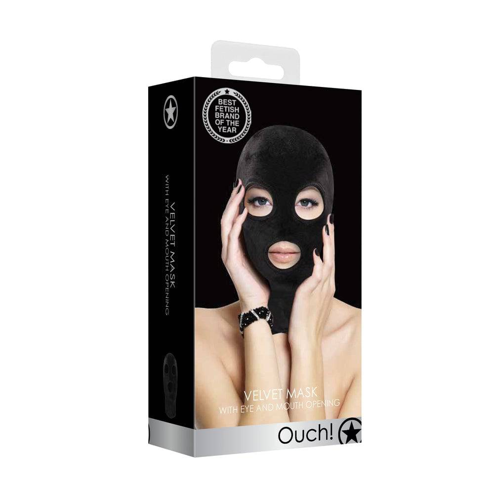 Black velvet mask with eye and mouth openings from Shots Toys, featuring soft texture and elegant design.
