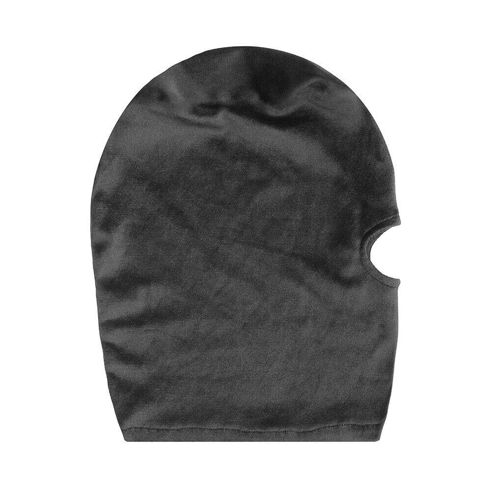 Black velvet mask with mouth opening by Shots Toys, featuring soft fabric and elegant design for added allure.